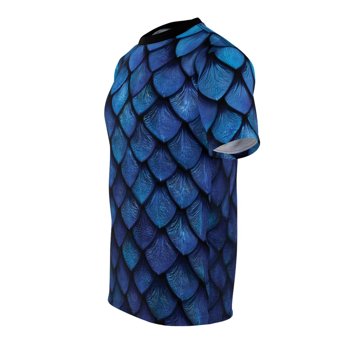 Cobalt and deep blue textured scales cover this all over print apparel, detailed with black outlines and subtle metallic sheen.