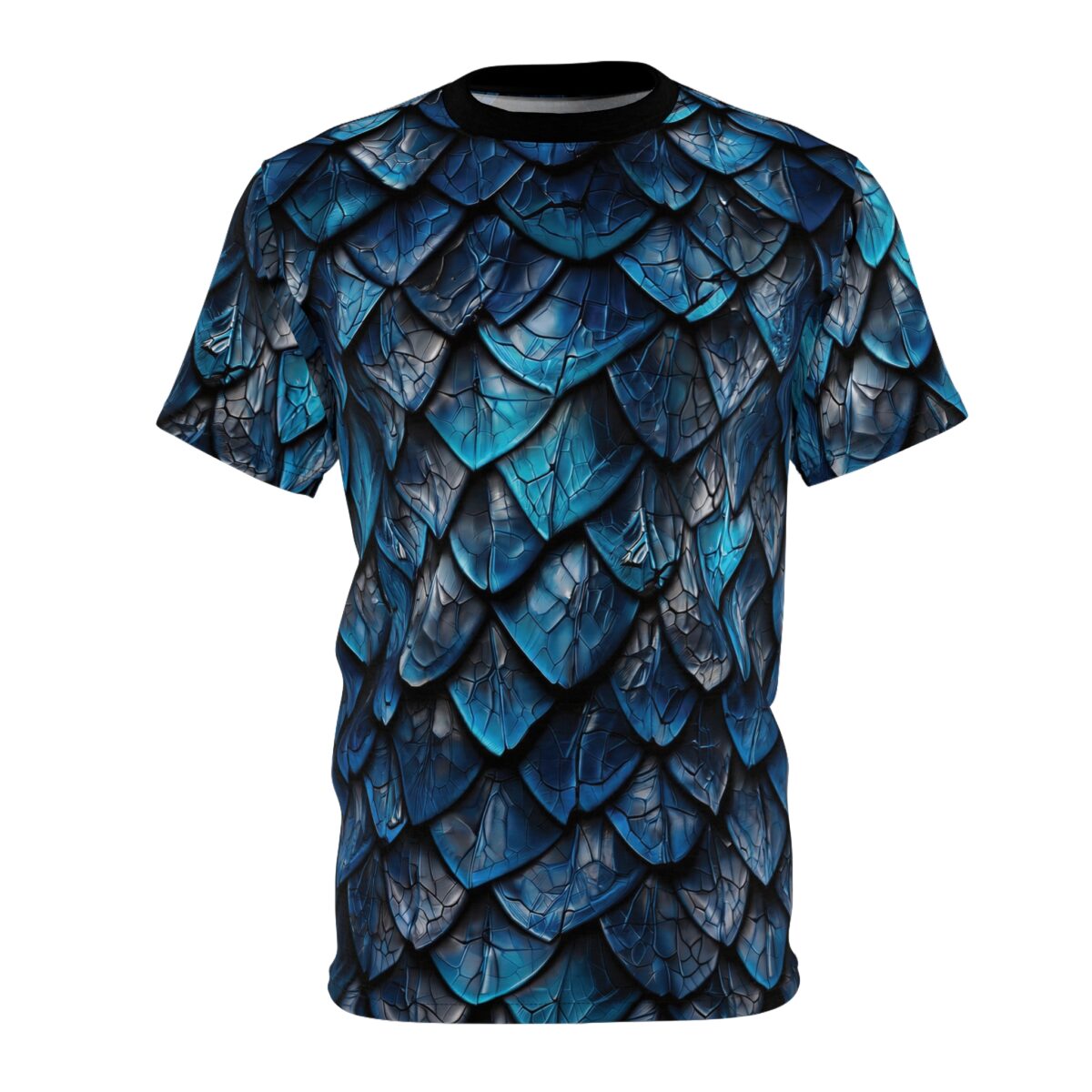 Shimmering blue and gray scales cover this all over print apparel, designed to resemble dragon skin. The pattern features realistic texture and depth.