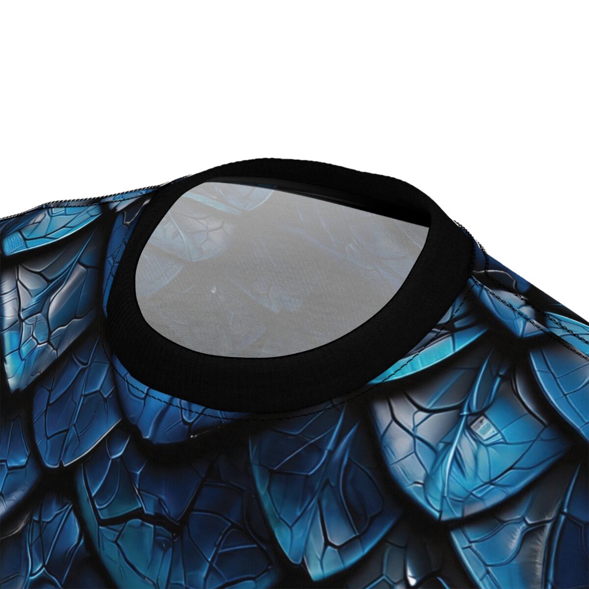 Deep blue and black dragon scales cover this all over print apparel, with textured, iridescent highlights suggesting metallic armor.