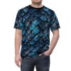 Deep blue and grey textured scales cover this all over print apparel, creating a powerful reptilian armor effect.