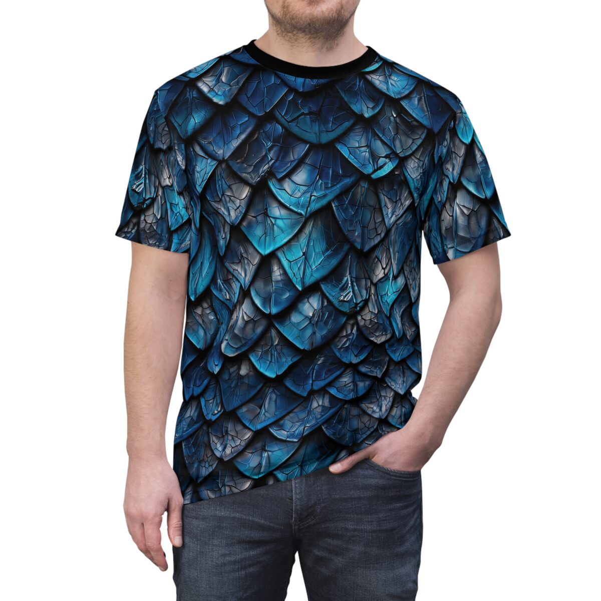 Deep blue and grey textured scales cover this all over print apparel, creating a powerful reptilian armor effect.