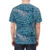 Intricate teal and gray feathers cover this all over print apparel, depicting a full set of bird wings.