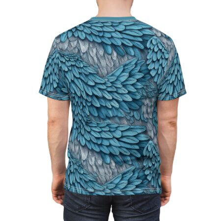 Intricate teal and gray feathers cover this all over print apparel, depicting a full set of bird wings.