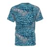 Teal and white feathered wings cover this seamless pattern tee, showing intricate detail and a layered texture.