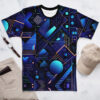 Deep blue, teal, and orange geometric shapes and lines cover this oversized full print tee, with gradient circles and dots on a dark background.