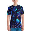 Dark blues, electric blues, and neon orange lines form geometric shapes, circles, and triangles across this full print shirt.