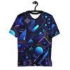 Dark blue, light blue, and pink geometric shapes and lines cover this seamless pattern tee, with gradient spheres and dots.