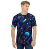 Geometric shapes in blues, oranges, and pinks fill this all-over print t-shirt, with glowing spheres and sharp lines on a dark background.