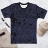 Thin blue distressed lines and black splotches cover this patterned tee shirt, creating a textured, grunge-inspired look.