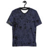 Dark blue and black distressed lines and shapes cover this seamless pattern tee, with a textured, abstract background.