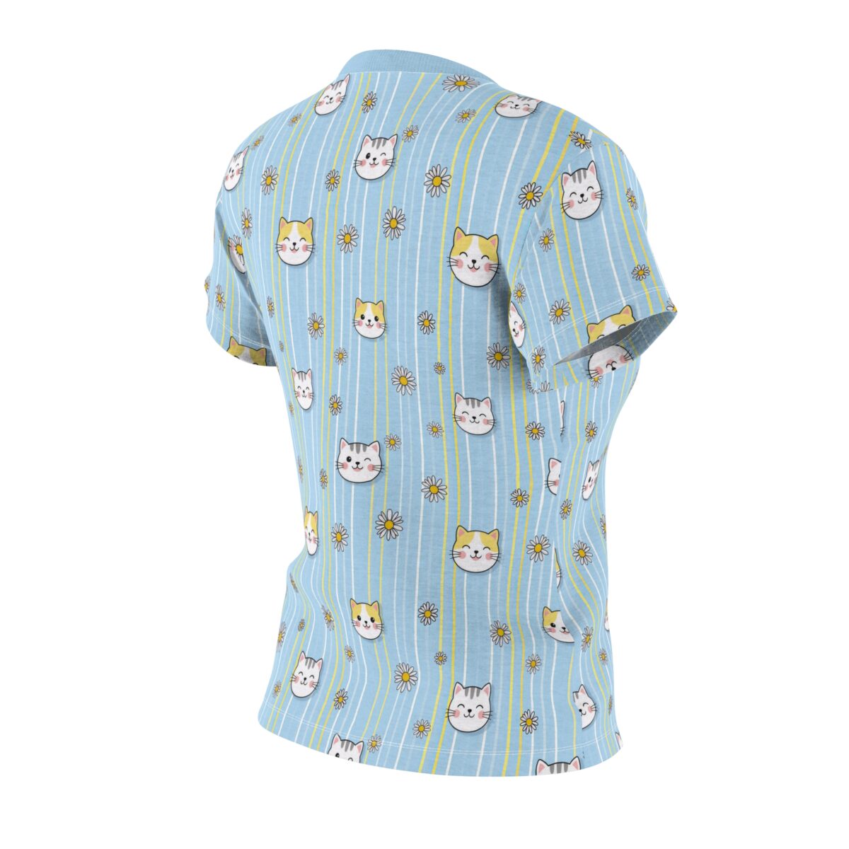 Cute Cat Face Floral Stripe Women's Tee — Light Blue All-Over Print