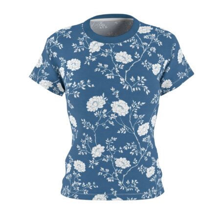 White peony flowers and branches cover this seamless pattern tee, with a blue background and delicate leaves.