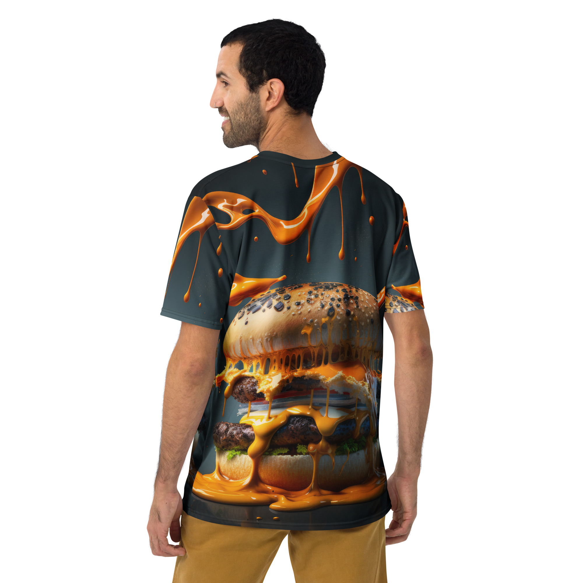 Orange cheese drips and a juicy burger design cover this all over print tee, set against a dark, moody background.