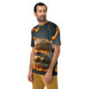 Vibrant orange cheese and sauce drips cascade down a detailed burger print on this dark tee.
