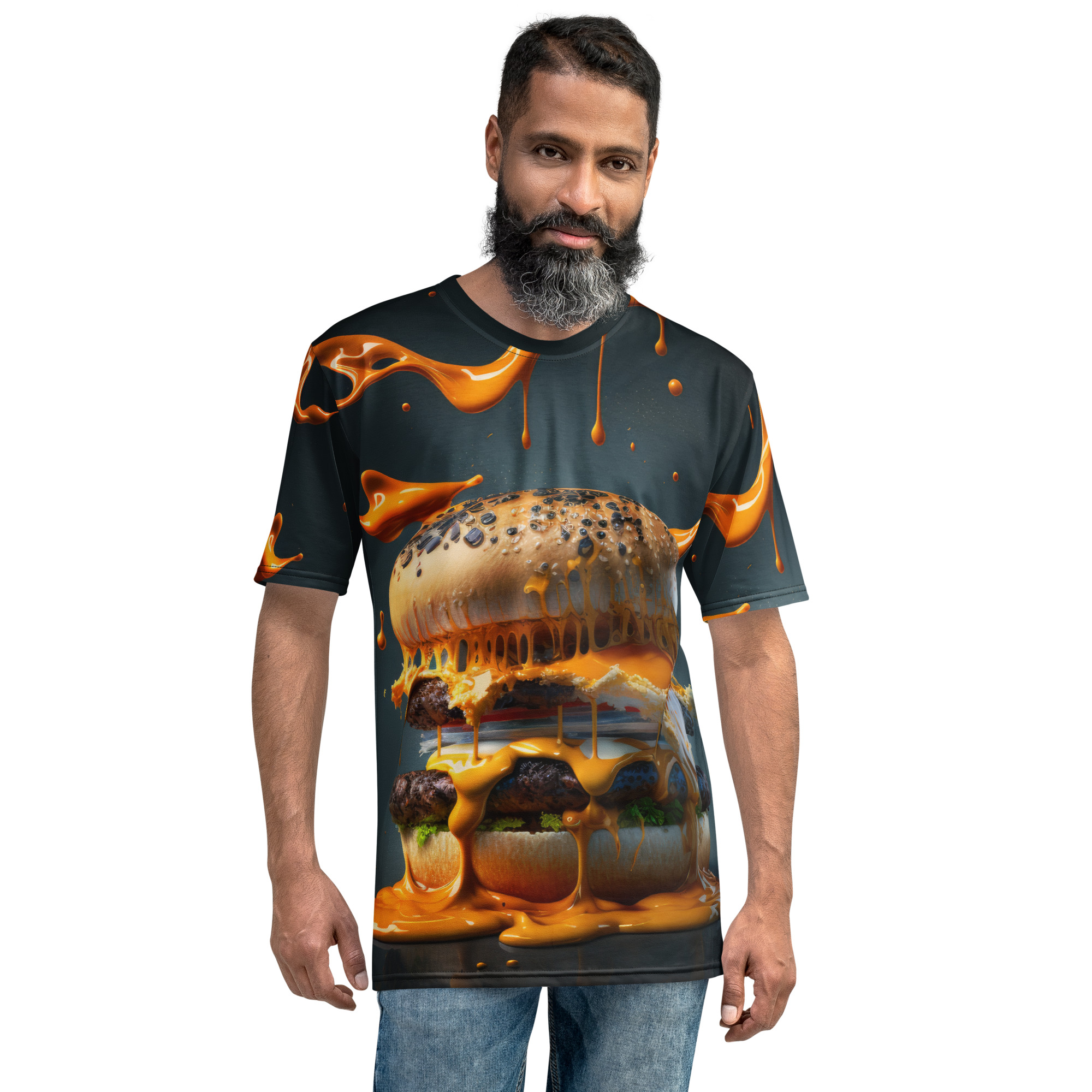 Orange cheese sauce drips and splatters over a detailed, stacked burger design on this graphic tee.