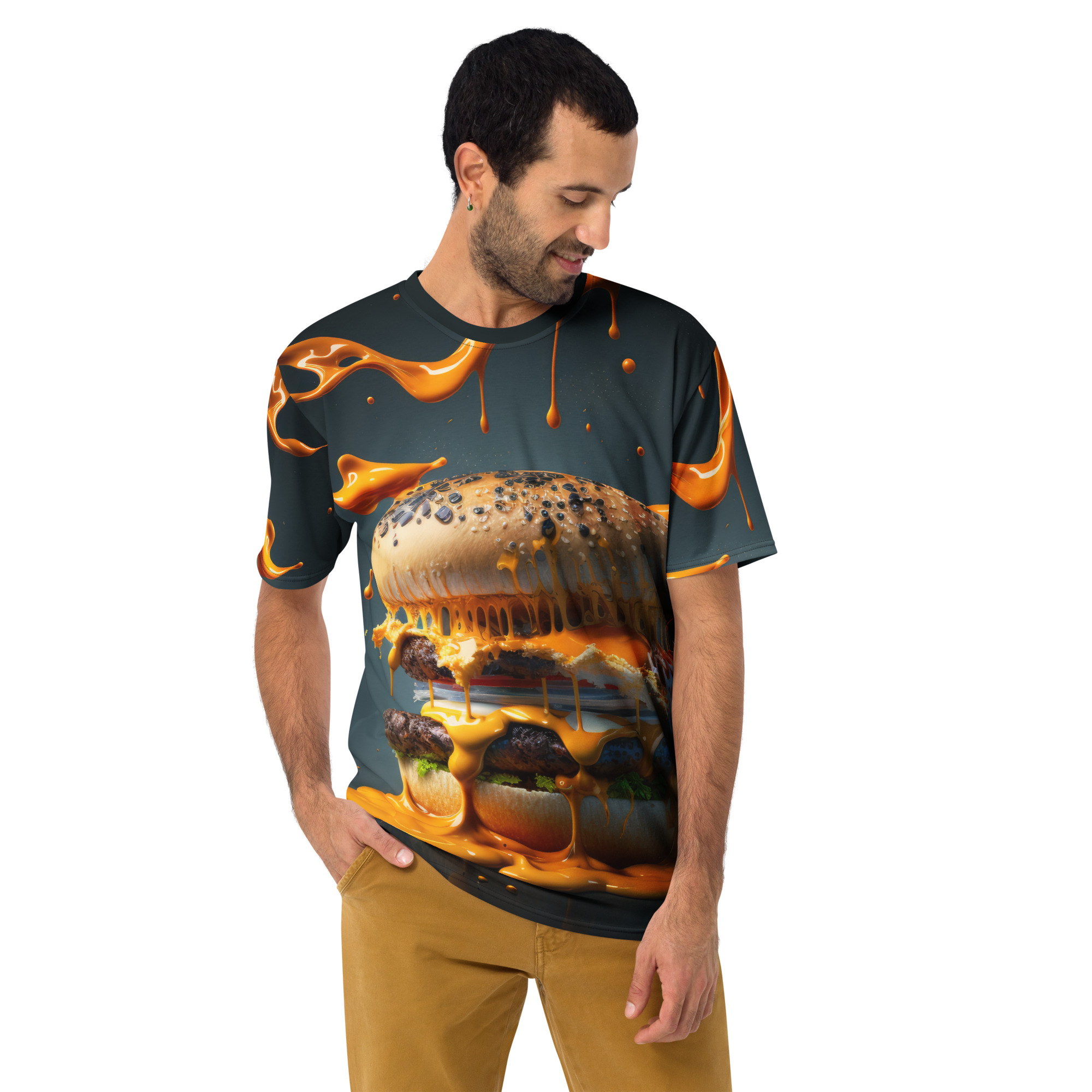 Dripping orange cheese and sesame seeds cover this sublimation graphic tee, depicting a juicy, multi-layered burger on a dark background.