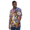 Pink, purple, white, and yellow daisies, along with blue flowers, surround a tabby cat's face on this full print shirt.