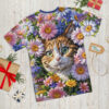 Pink, purple, white daisies, and blue flowers cover this seamless pattern tee, featuring a close-up of a cat's face surrounded by blossoms.