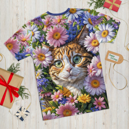 Bold Cat In Flowers Uni-Sex All Over Print T-Shirt – high-quality graphic streetwear t-shirt