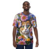 Pink, white, and purple daisies, with blue and yellow flowers, surround a tabby cat's face on this sublimation graphic tee.