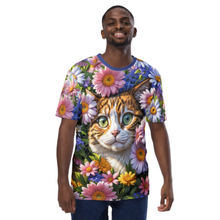 Bold Cat In Flowers Uni-Sex All Over Print T-Shirt – high-quality graphic streetwear t-shirt