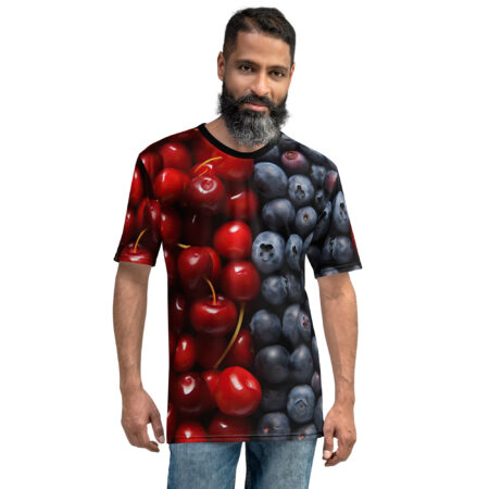 Full print graphic tee featuring a split design of ripe cherries on the left and blueberries on the right.