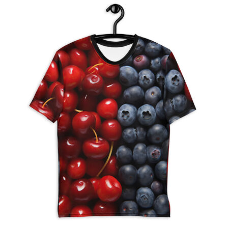 All over print sublimation tee, seamless split graphic featuring vibrant red cherries on one side and deep blue blueberries on the other.
