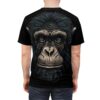 A detailed chimpanzee face with textured fur and piercing eyes covers this all over print t-shirt.