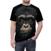 Realistic chimpanzee face with textured fur and deep eyes covers this all over print t-shirt.