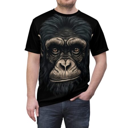 Realistic chimpanzee face with textured fur and deep eyes covers this all over print t-shirt.