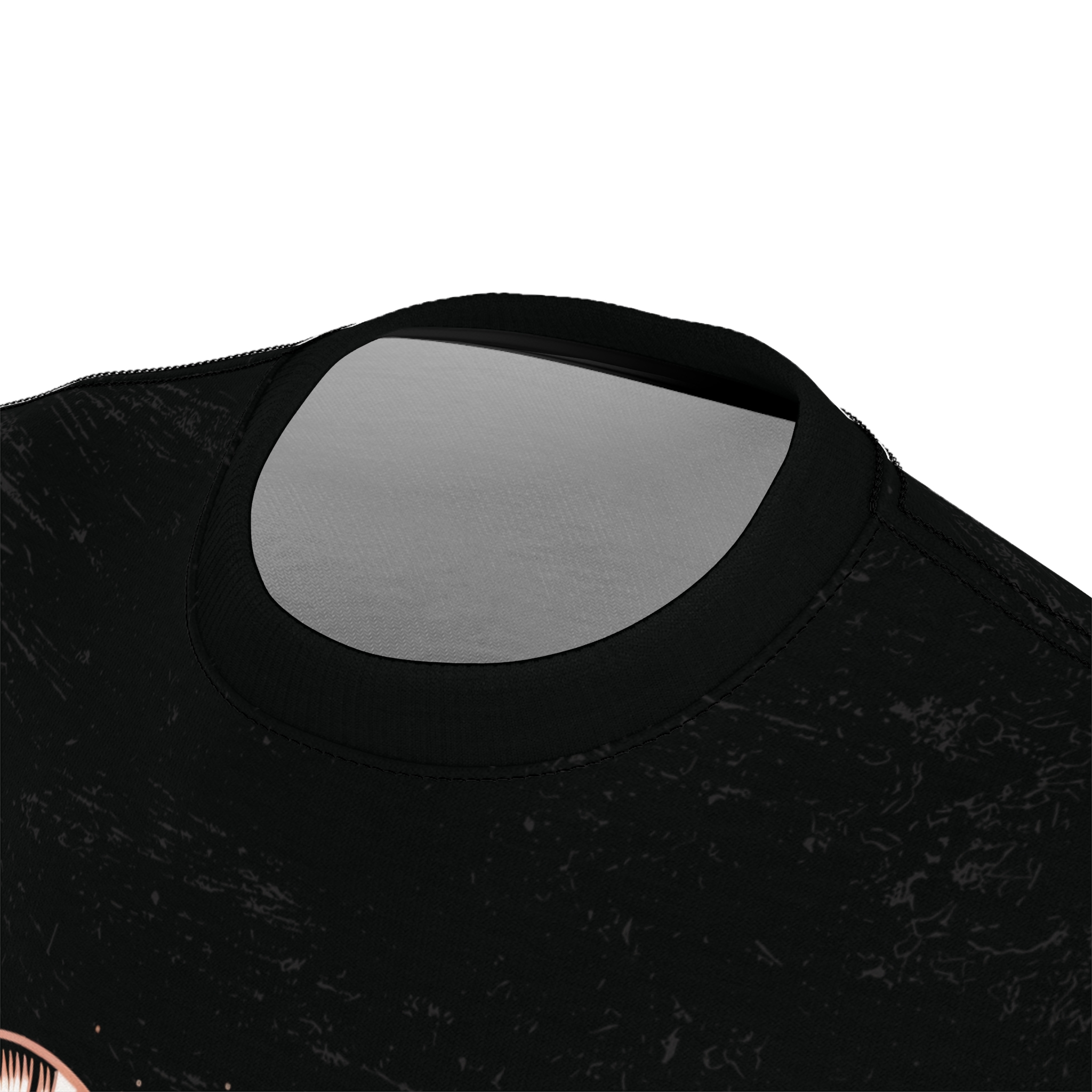 Black fabric with a distressed, textured pattern. Detailed stitching around the collar.