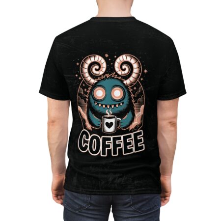 Comfortable Coffee Monster Unisex Tee - Fun AOP Graphic T-Shirt for Coffee Lovers 2 – breathable cotton all-over design