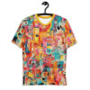 Vibrant reds, oranges, blues, and pinks form abstract shapes and whimsical characters, creating a busy, graphic design across this t-shirt.