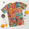Vibrant pinks, blues, oranges, and yellows cover this oversized full print tee, depicting a chaotic maze of abstract shapes and cartoonish faces.