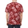 Detailed floral patterns in shades of pink and white cover this all over print apparel, set against a deep crimson background.