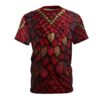 Deep red and gold scaled patterns cover this all over print apparel, mimicking a mythical dragon's hide.
