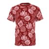 Detailed white and pale pink floral and leaf patterns cover this all over print apparel on a deep crimson background.