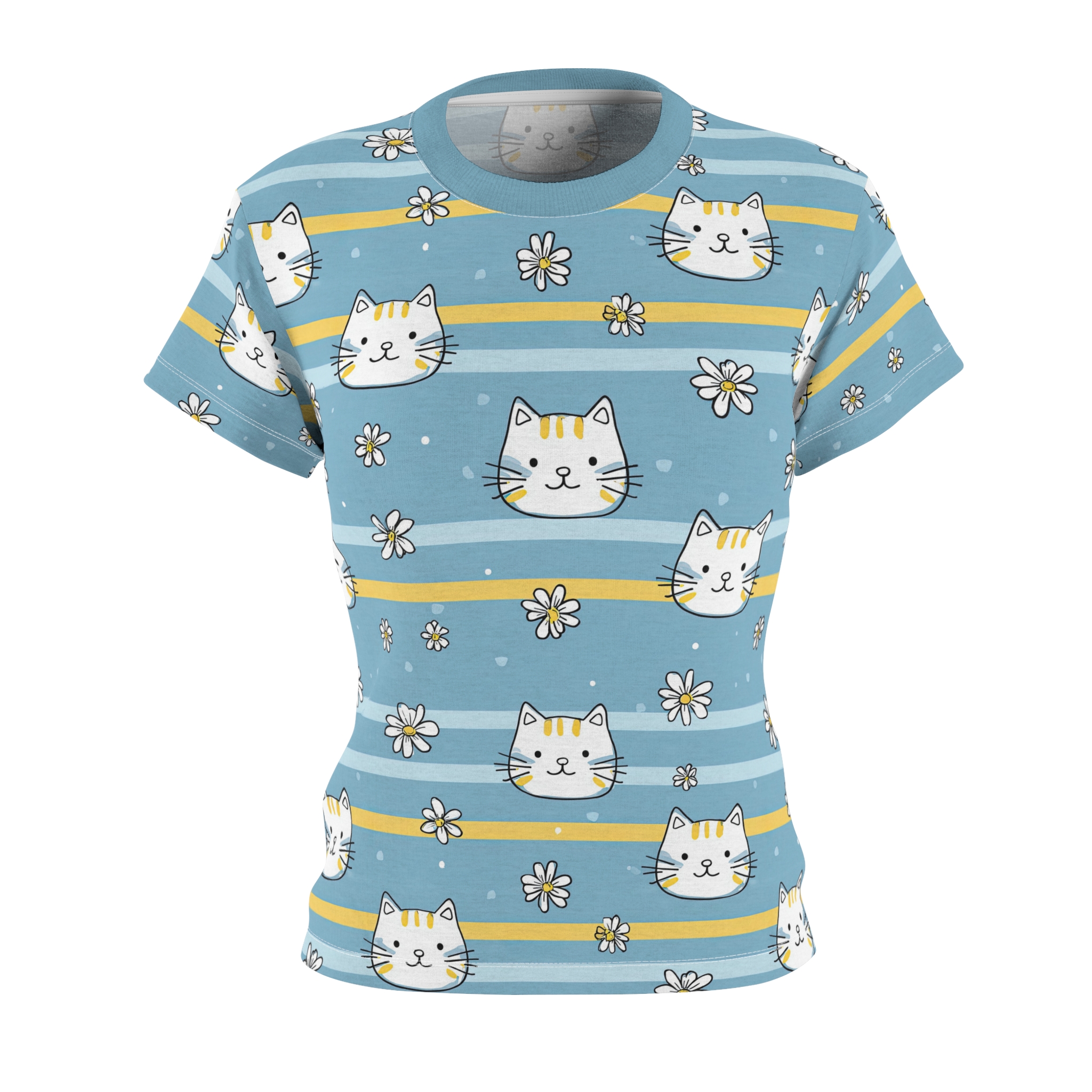 A blue t-shirt with a repeating pattern of cute cat faces and small white flowers, accented by thin yellow and blue stripes.