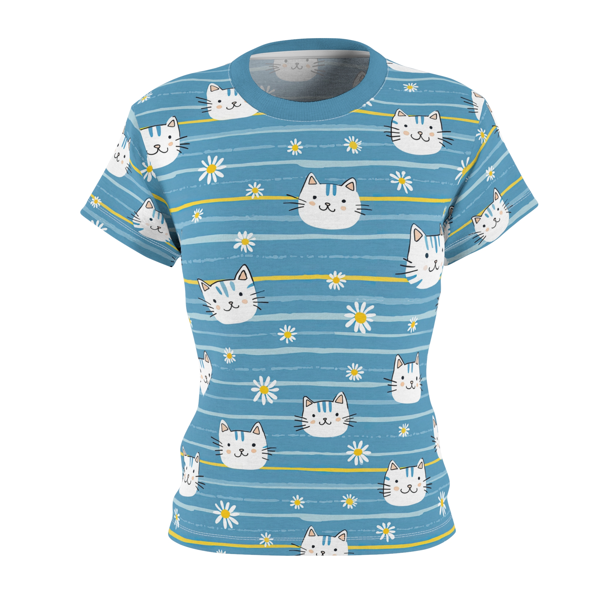A blue t-shirt with a repeating pattern of cute white cat faces and small white daisies.