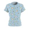 Cute Cat Face Floral Stripe Women's Tee — Light Blue All-Over Print