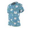 White cats with blue stripes and daisies cover this seamless pattern tee, set against a blue background with horizontal stripes.