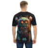 Vibrant greens, fiery oranges, and floral pinks cover this all over print apparel, depicting a fuzzy, wide-eyed swamp monster with leafy accents and glowing mushroom accents.