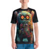 Teal, orange, and red patterns cover this patterned tee shirt, featuring a fuzzy green swamp monster with big eyes and colorful flowers.