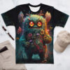 Greens, reds, yellows, and blues cover this full print shirt, depicting a fuzzy, big-eyed monster adorned with flowers and leaves in a dark, mystical swamp.
