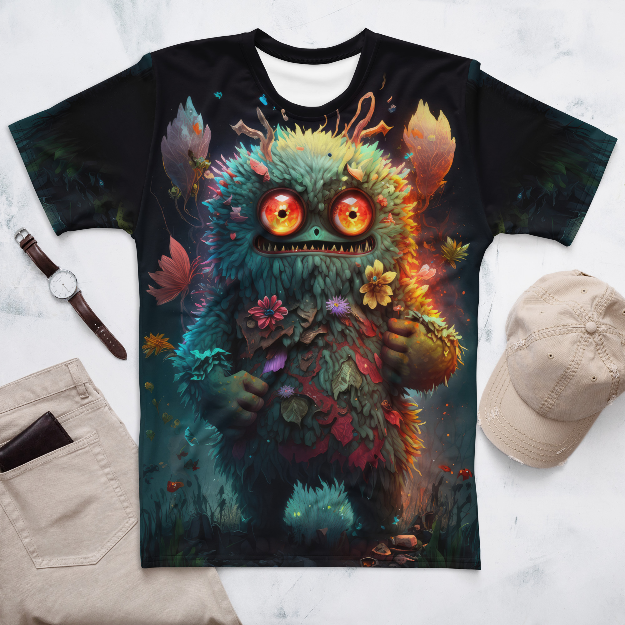 Greens, reds, yellows, and blues cover this full print shirt, depicting a fuzzy, big-eyed monster adorned with flowers and leaves in a dark, mystical swamp.