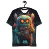 Teal, green, and orange foliage, with red and pink flowers, cover this oversized full print tee, showing a fluffy swamp monster with bright orange eyes.