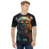 Green and orange hues of leaves, flowers, and fiery accents cover this sublimation graphic tee, depicting a fuzzy, wide-eyed swamp monster in a dark, magical forest.