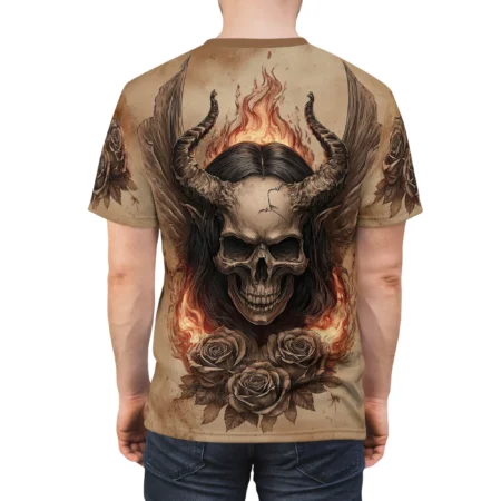 Fiery horned skull with wings and roses on a vintage-style full print shirt.