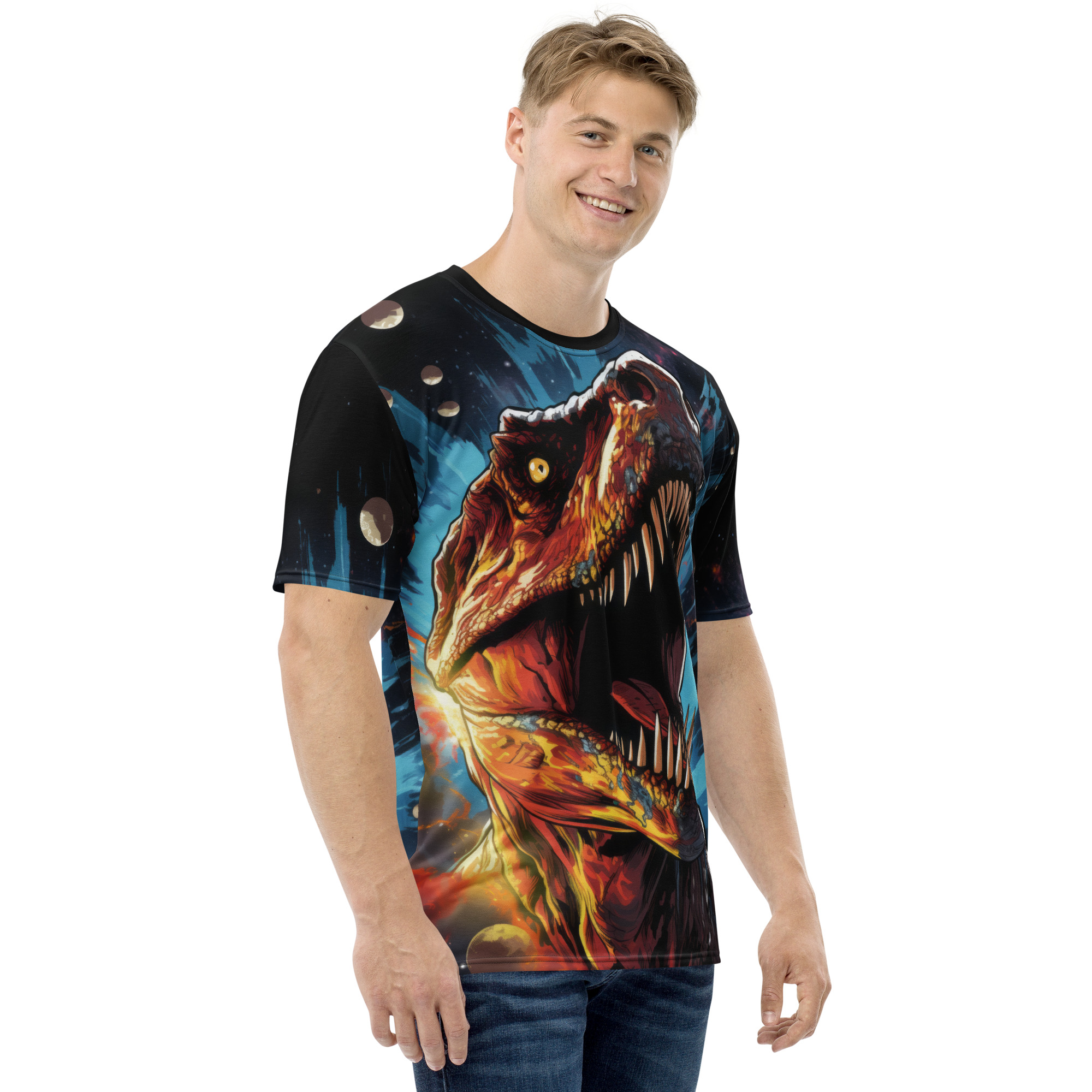 Fiery reds, oranges, and blues with abstract planet-like shapes cover this graphic streetwear tee, depicting a roaring dinosaur head against a cosmic backdrop.