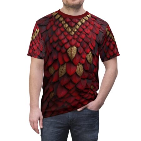 Deep red and gold textured dragon scales cover this all over print apparel, creating a fierce and mythical reptilian skin design.